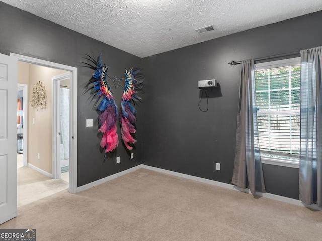 empty room with plenty of natural light, a textured ceiling, and light carpet