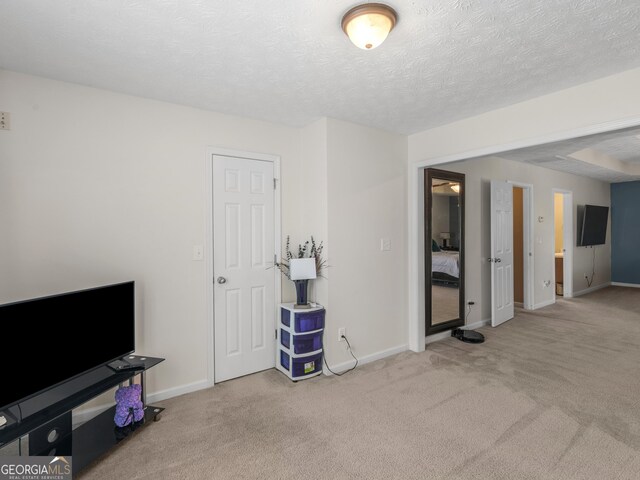 interior space with light colored carpet and a textured ceiling