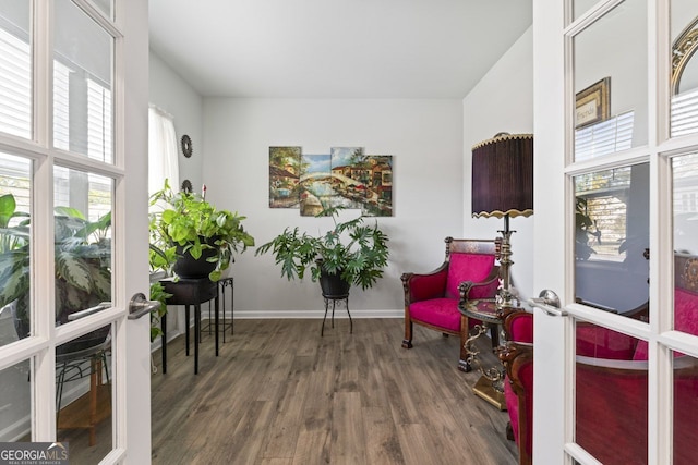 sitting room featuring french doors and dark wood-type flooring