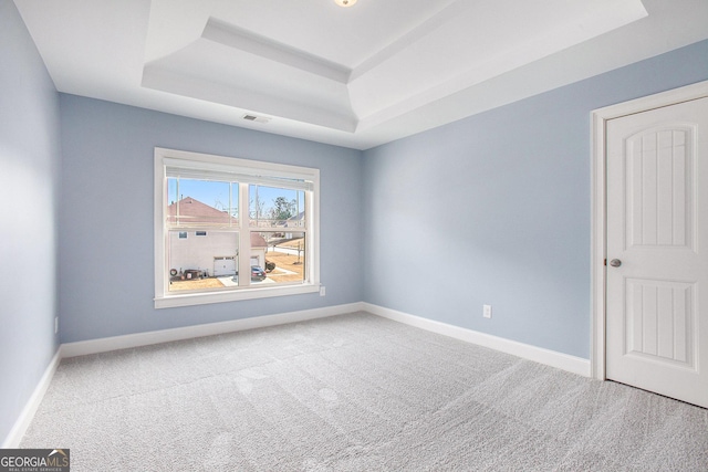 spare room featuring carpet flooring and a raised ceiling