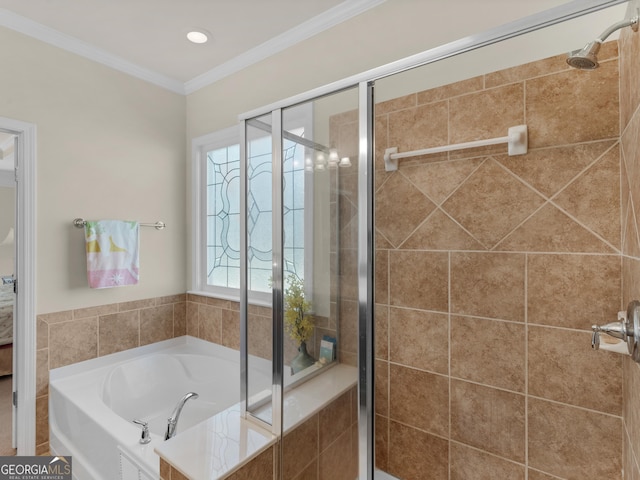 bathroom featuring separate shower and tub and crown molding