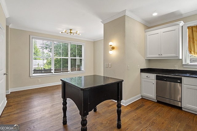 kitchen with dishwasher, crown molding, dark hardwood / wood-style floors, a notable chandelier, and white cabinetry