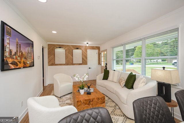 living room with wood-type flooring and crown molding