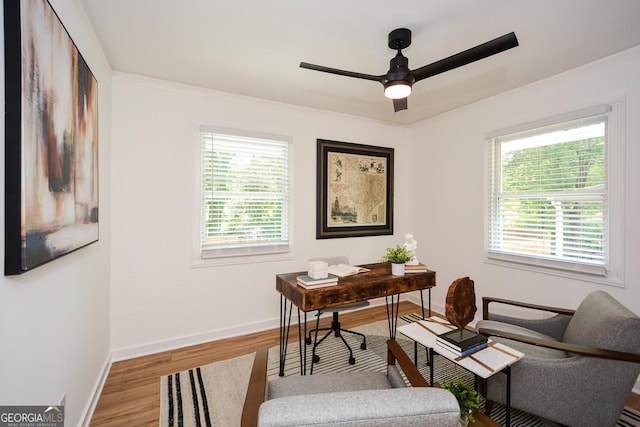 home office with ceiling fan, wood-type flooring, and crown molding