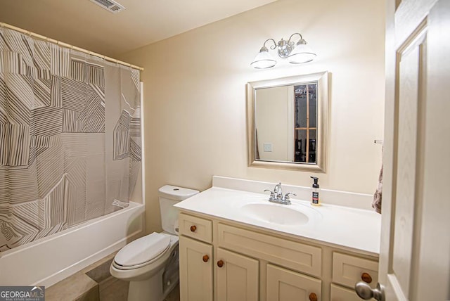 full bathroom featuring shower / bath combination with curtain, toilet, and vanity