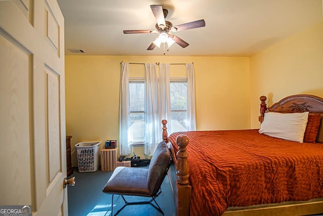 bedroom featuring radiator, carpet floors, and ceiling fan