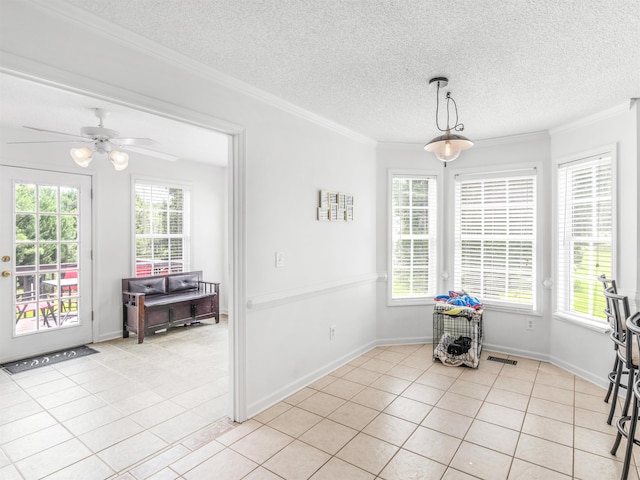 interior space with ceiling fan, plenty of natural light, a textured ceiling, and ornamental molding