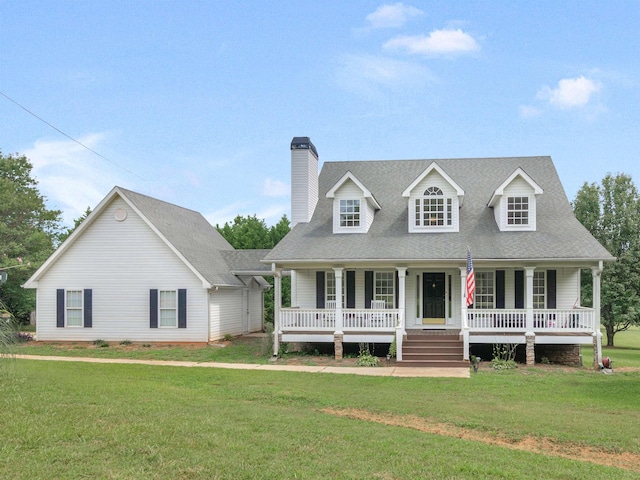 cape cod-style house with covered porch and a front lawn