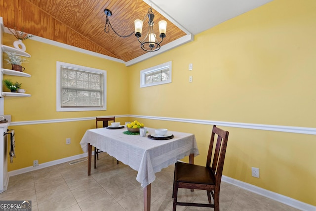 tiled dining space with lofted ceiling, wood ceiling, and a chandelier