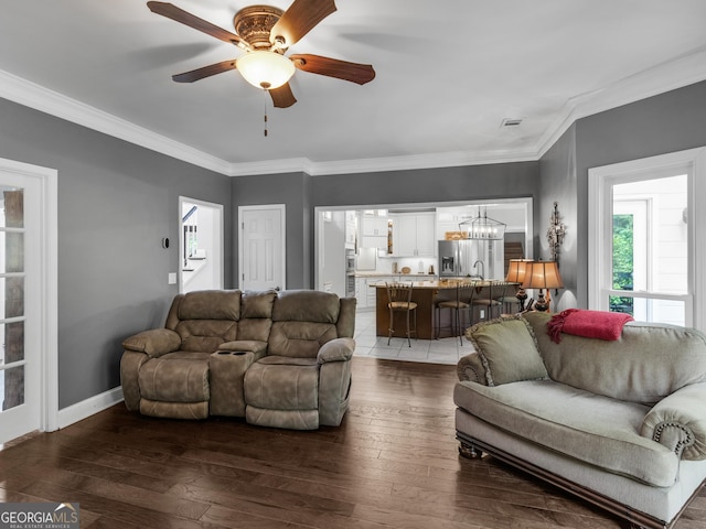 living room featuring dark hardwood / wood-style floors, ornamental molding, and ceiling fan with notable chandelier