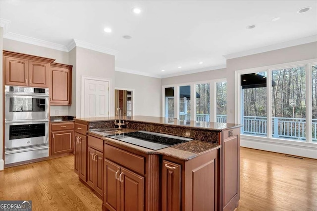 kitchen featuring double oven, a wealth of natural light, a kitchen island with sink, and sink