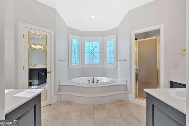 bathroom with plus walk in shower and vanity