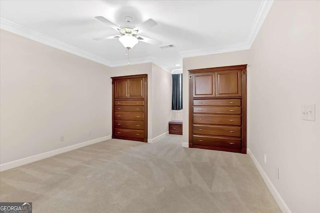 unfurnished bedroom featuring ceiling fan, light carpet, and ornamental molding