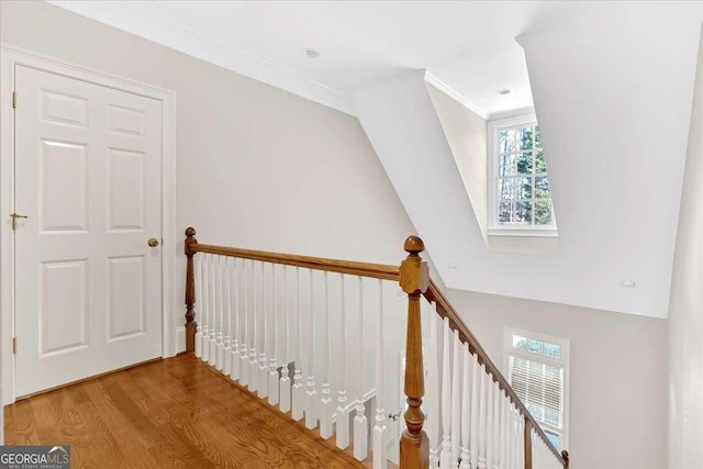 stairs with hardwood / wood-style floors, lofted ceiling, and ornamental molding