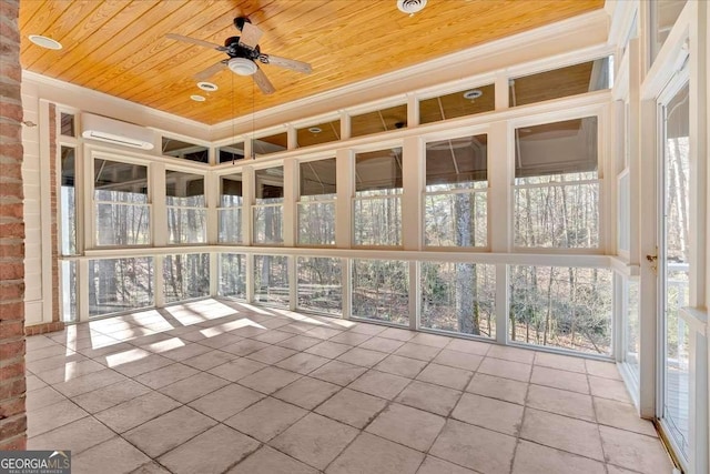 unfurnished sunroom with ceiling fan, wooden ceiling, and a wall mounted air conditioner