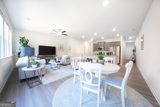 dining area with ceiling fan and light hardwood / wood-style floors