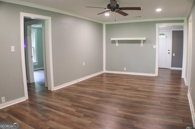 1812 Barnesville Hwy, Thomaston, GA 30286 - unfurnished room featuring ceiling fan, recessed lighting, dark wood-type flooring, baseboards, and crown molding