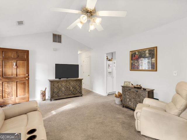 living room with light colored carpet, vaulted ceiling, and ceiling fan