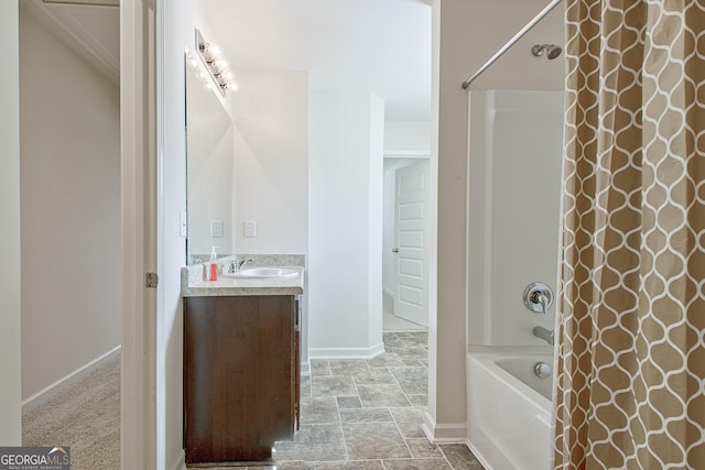 bathroom featuring vanity and shower / tub combo with curtain