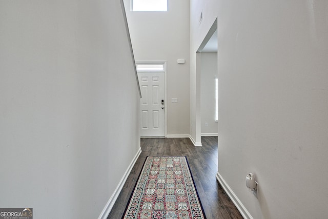 interior space with dark wood-type flooring and a towering ceiling