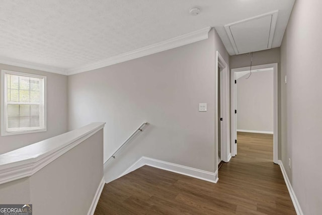 hallway featuring dark hardwood / wood-style floors and crown molding