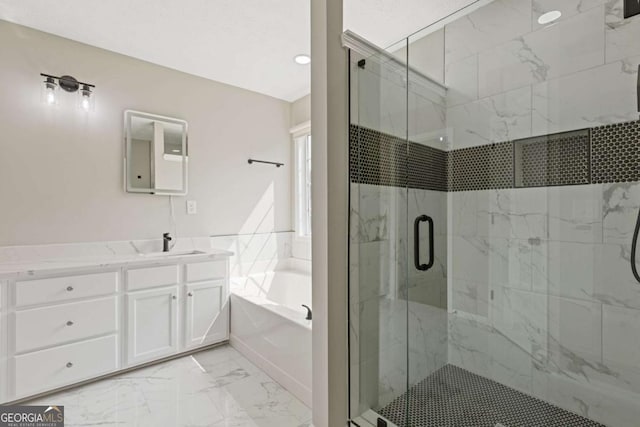 bathroom with vanity and plus walk in shower