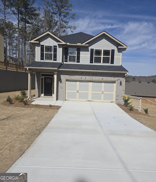 view of front of property featuring brick siding, a shingled roof, a porch, concrete driveway, and an attached garage