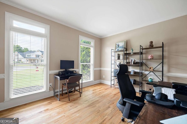 office space with light wood-type flooring and crown molding