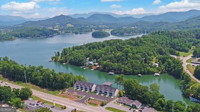 drone / aerial view featuring a water and mountain view