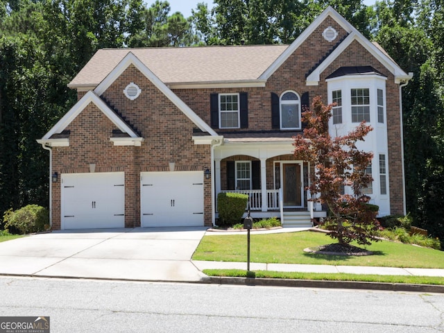 view of front of house with a front lawn, covered porch, and a garage