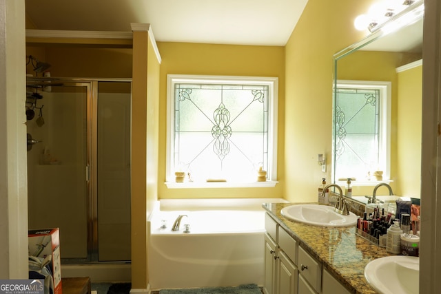 bathroom featuring a wealth of natural light, vanity, and independent shower and bath