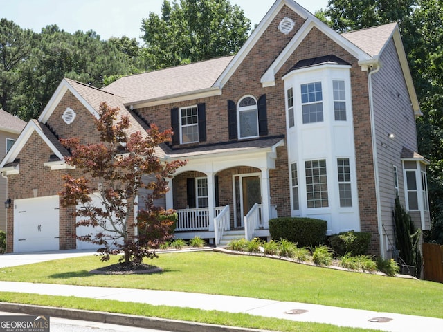 view of front of house with covered porch, a front yard, and a garage