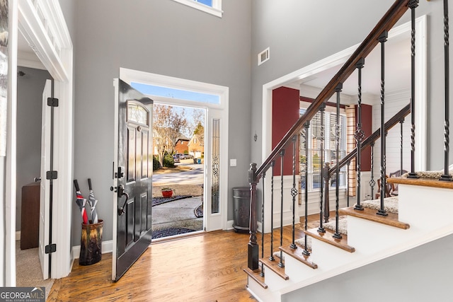 entryway with a towering ceiling, hardwood / wood-style flooring, and plenty of natural light