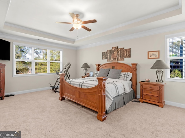 carpeted bedroom featuring multiple windows, a raised ceiling, ceiling fan, and ornamental molding