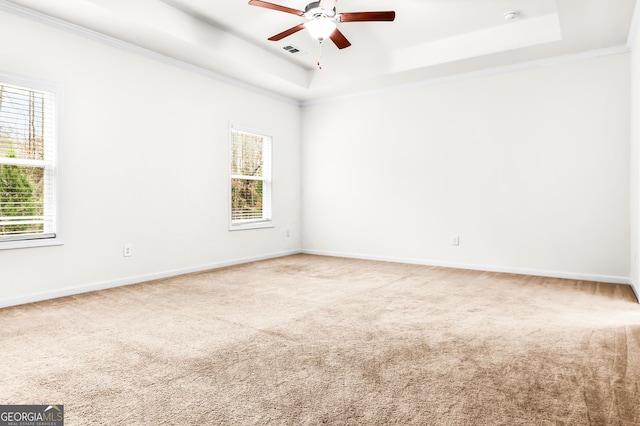 carpeted spare room featuring ceiling fan, crown molding, and a tray ceiling