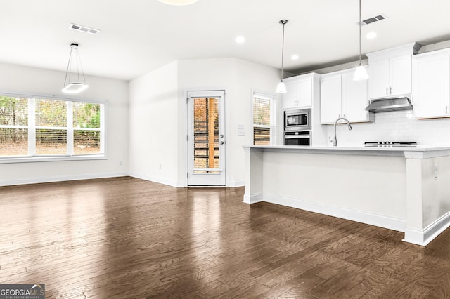 kitchen with decorative light fixtures, dark hardwood / wood-style flooring, stainless steel appliances, and white cabinetry