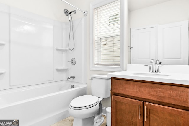 full bathroom with tile patterned flooring, shower / bathing tub combination, vanity, and toilet