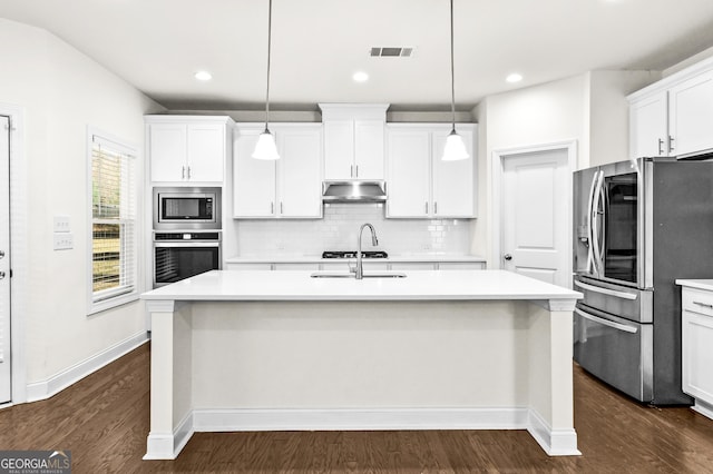 kitchen featuring a center island with sink, sink, decorative light fixtures, white cabinetry, and stainless steel appliances