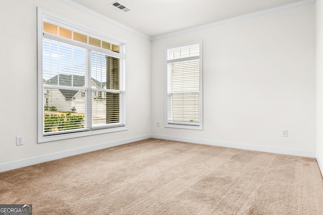 spare room with crown molding and light colored carpet