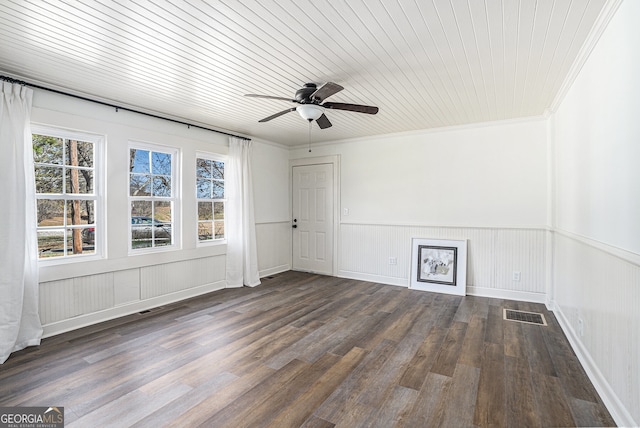 empty room with ceiling fan, dark hardwood / wood-style flooring, wood ceiling, and ornamental molding