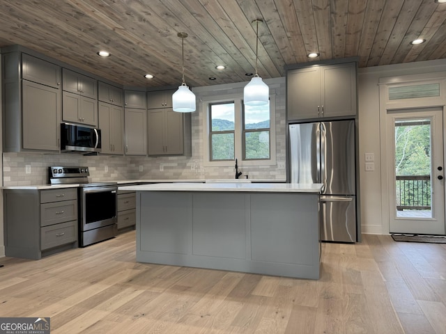 kitchen with stainless steel appliances, gray cabinets, wooden ceiling, and light hardwood / wood-style flooring