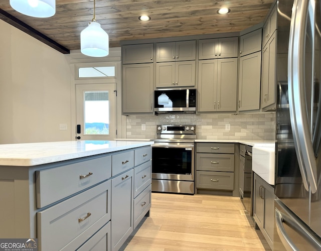 kitchen featuring appliances with stainless steel finishes, pendant lighting, gray cabinetry, and wood ceiling