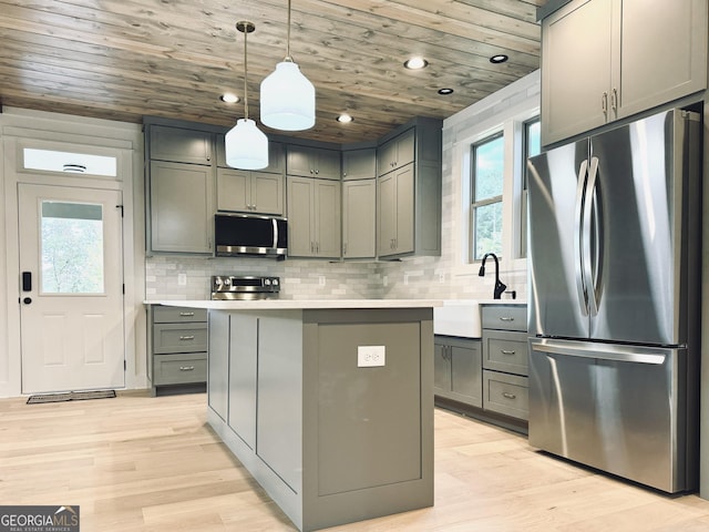 kitchen featuring wood ceiling, stainless steel appliances, sink, a center island, and hanging light fixtures