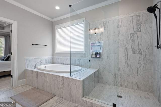 bathroom featuring shower with separate bathtub and ornamental molding