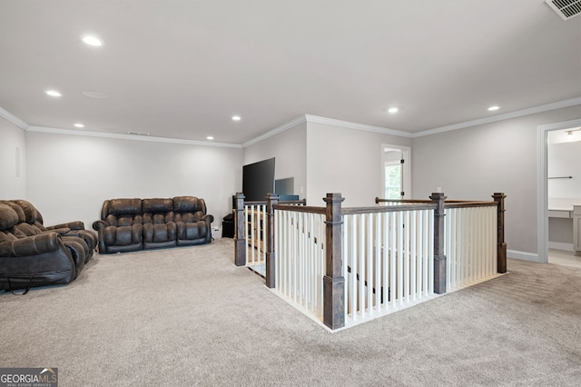 interior space featuring light carpet and ornamental molding