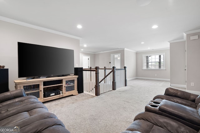 carpeted living room featuring ornamental molding