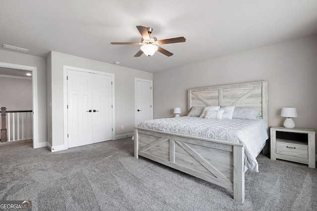 carpeted bedroom featuring ceiling fan