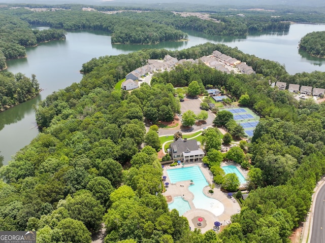 aerial view featuring a water view