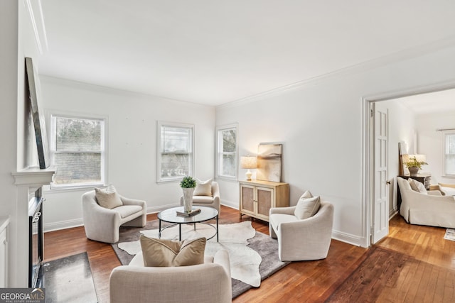 living room with wood-type flooring and crown molding