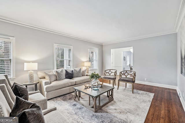 living room featuring ornamental molding and dark wood-type flooring